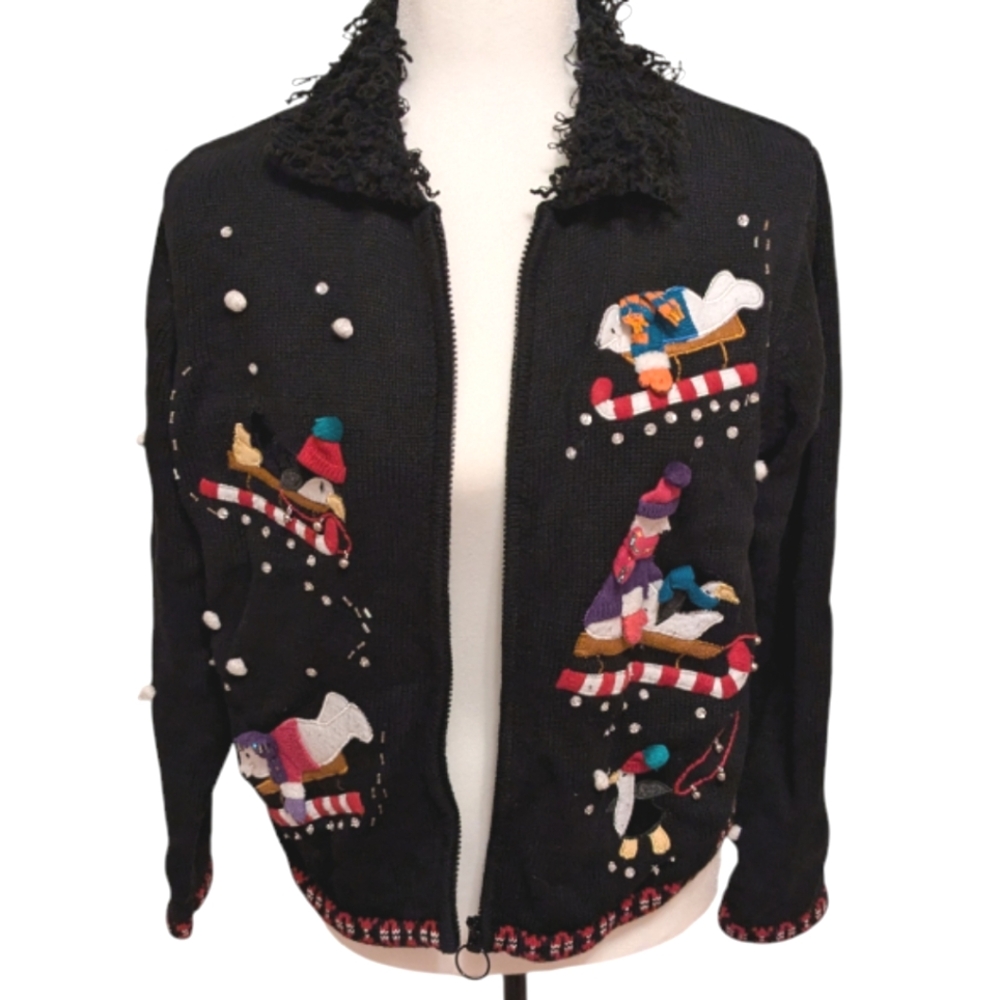 - Karen Scott winter cardigan. 3D embellishments on front and back. Zip up…